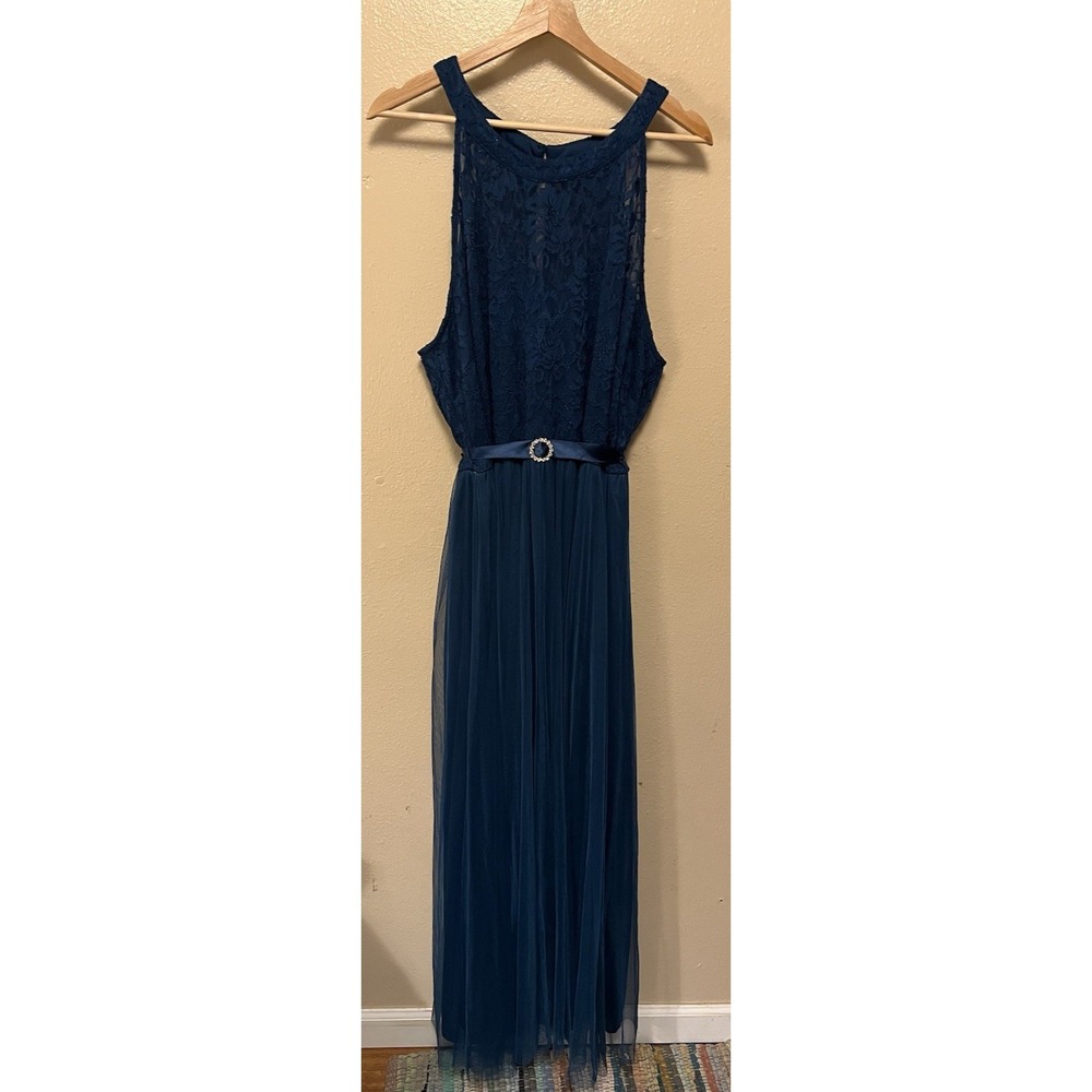 Candalite Halter Maxi Dress‎ Blue Lace Rhinestone Tie Prom Formal Party Plus 3X